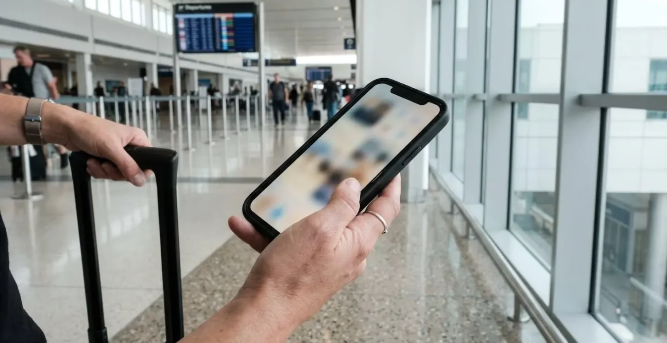 Une femme consulte son téléphone portable d'une main tout en tirant une petite valise de l'autre dans un hall lumineux