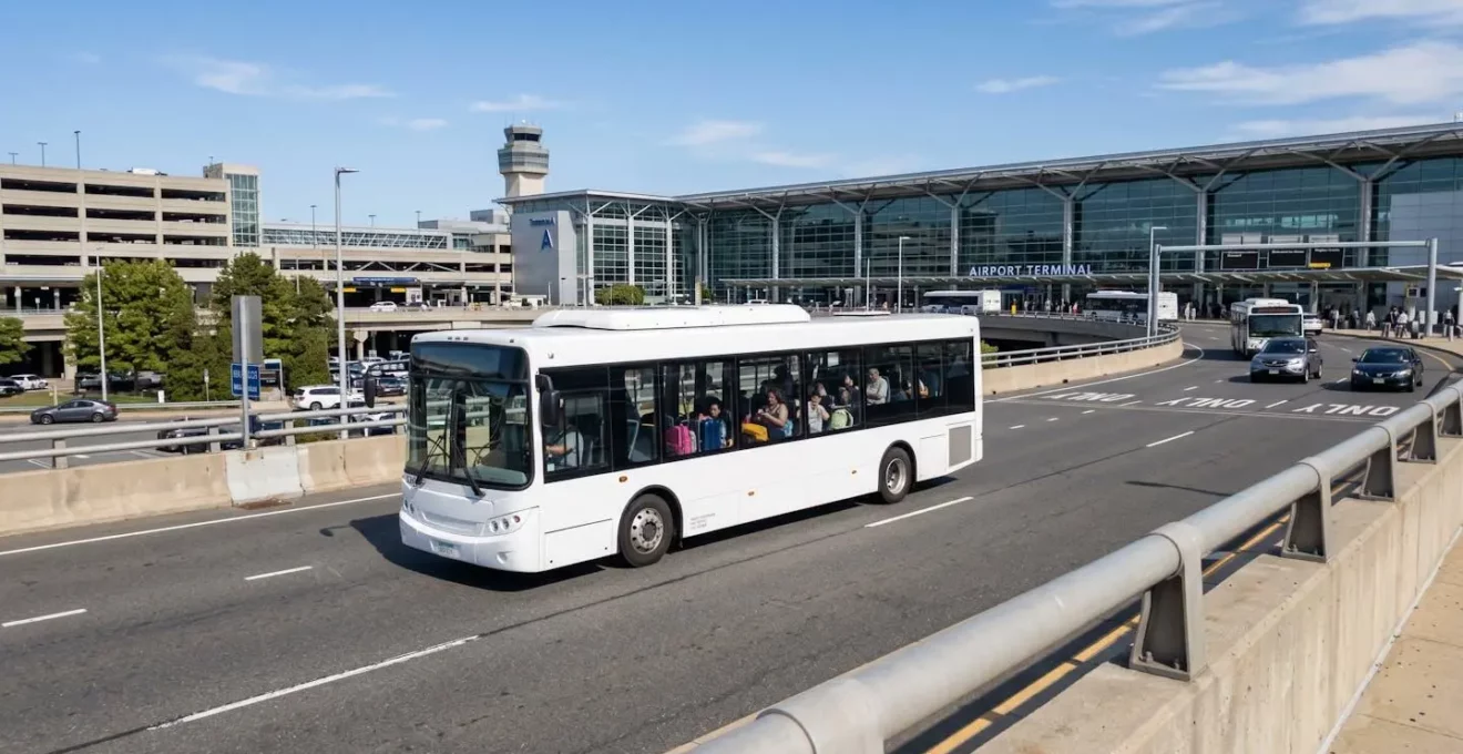 Une navette blanche de parking transportant des passagers avec leurs bagages sur une route d'accès aéroportuaire