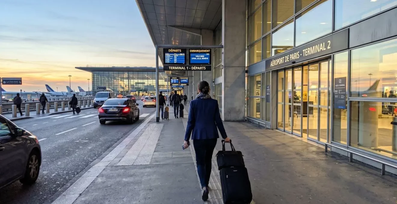 Un homme tire une valise à roulettes en marchant vers l'entrée d'un terminal d'aéroport moderne sous un ciel lumineux